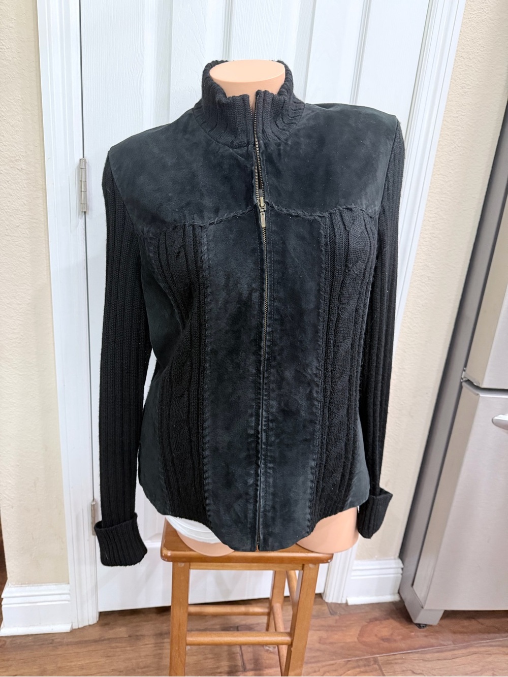 Coldwater Creek Black Leather Wool Knit Zip Sweater Jacket L